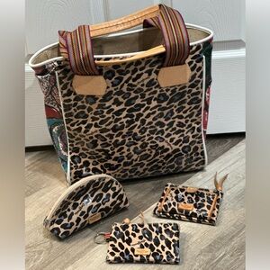 Consuela Leopard Print Tote with wallet, wristlet & cosmetic pouch. Gently used.
